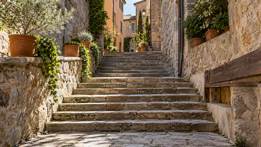 A wide old-town stair landing in morning side light has a plain wooden bench built into the side wall leaving a broad clear route of worn stone steps through the middle with terracotta pots on the wall above and a narrow alley continuing beyond.