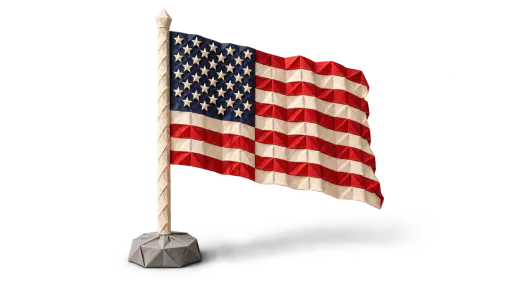 A small American flag built from repeated folded paper modules stands upright on a slim paper pole and base with a deep soft shadow to the right on a transparent background.