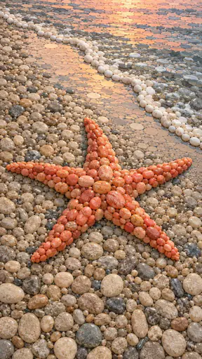 A lone starfish rests on a smooth expanse of wet sand at the tide line with a thin foam edge of a wave nearby and a soft pastel sky reflected in the sand.