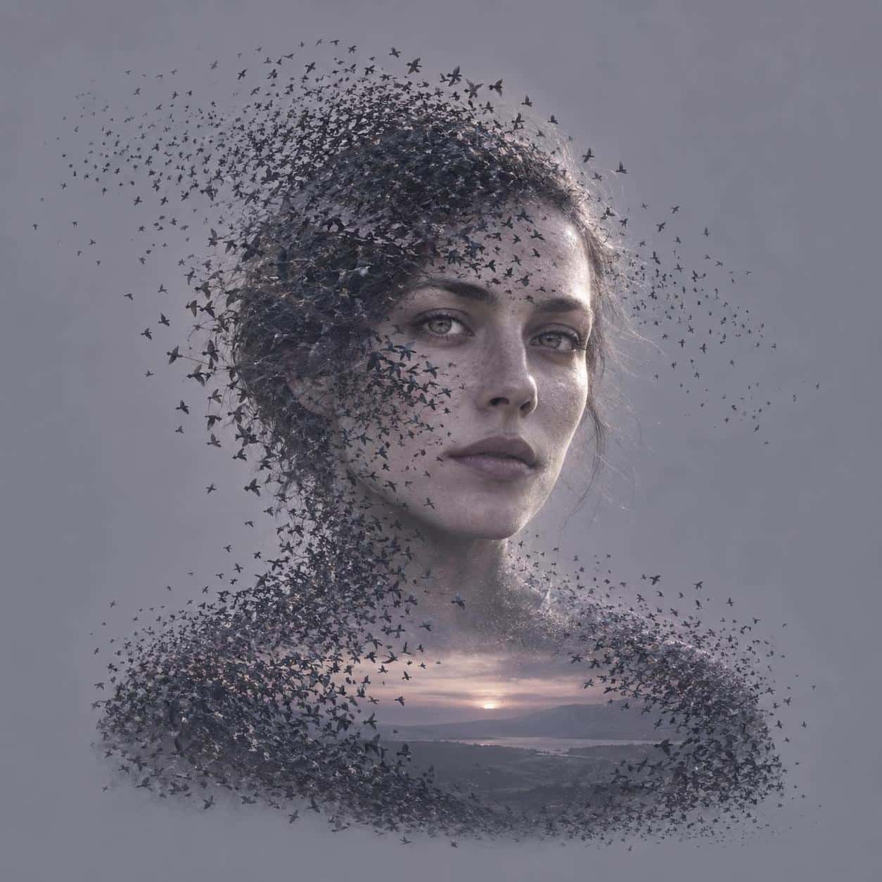 An invented adult's frontal portrait dissolving into a starling murmuration that flows through the crown and disperses toward the jaw in one dusk-grey and lilac photographic double exposure, both eyes staying readable through the flock.
