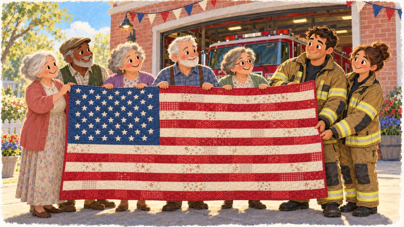 A group of adult neighbours in their fifties and sixties unfold a hand sewn patchwork quilt in the shape of a flag and present it to two adult firefighters in front of a brick fire station with bunting overhead.