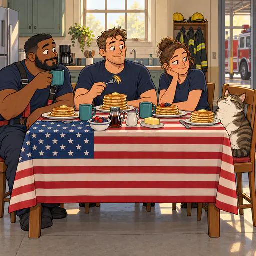 Adult firefighters at a station kitchen table with a flag cloth and tall pancake stack. Thirteen stripes and a neat canton honour the crew.