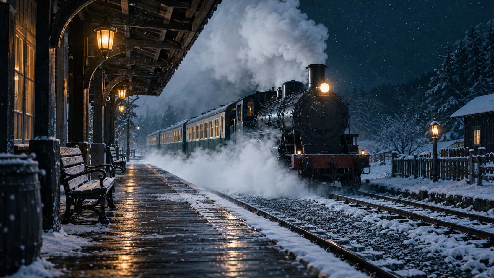 A steam passenger train arrives at a small snowy country station at night with steam rolling along the platform, warm lanterns and amber carriage windows.