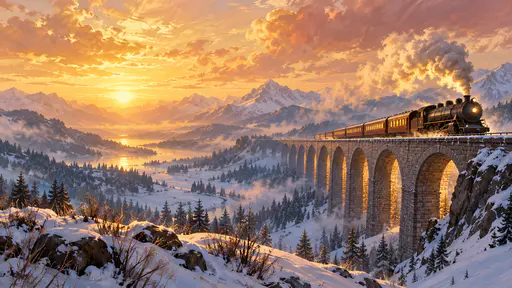 A steam train crosses a tall stone viaduct above a snow-filled valley at golden hour, its smoke plume glowing gold against an amber sky.