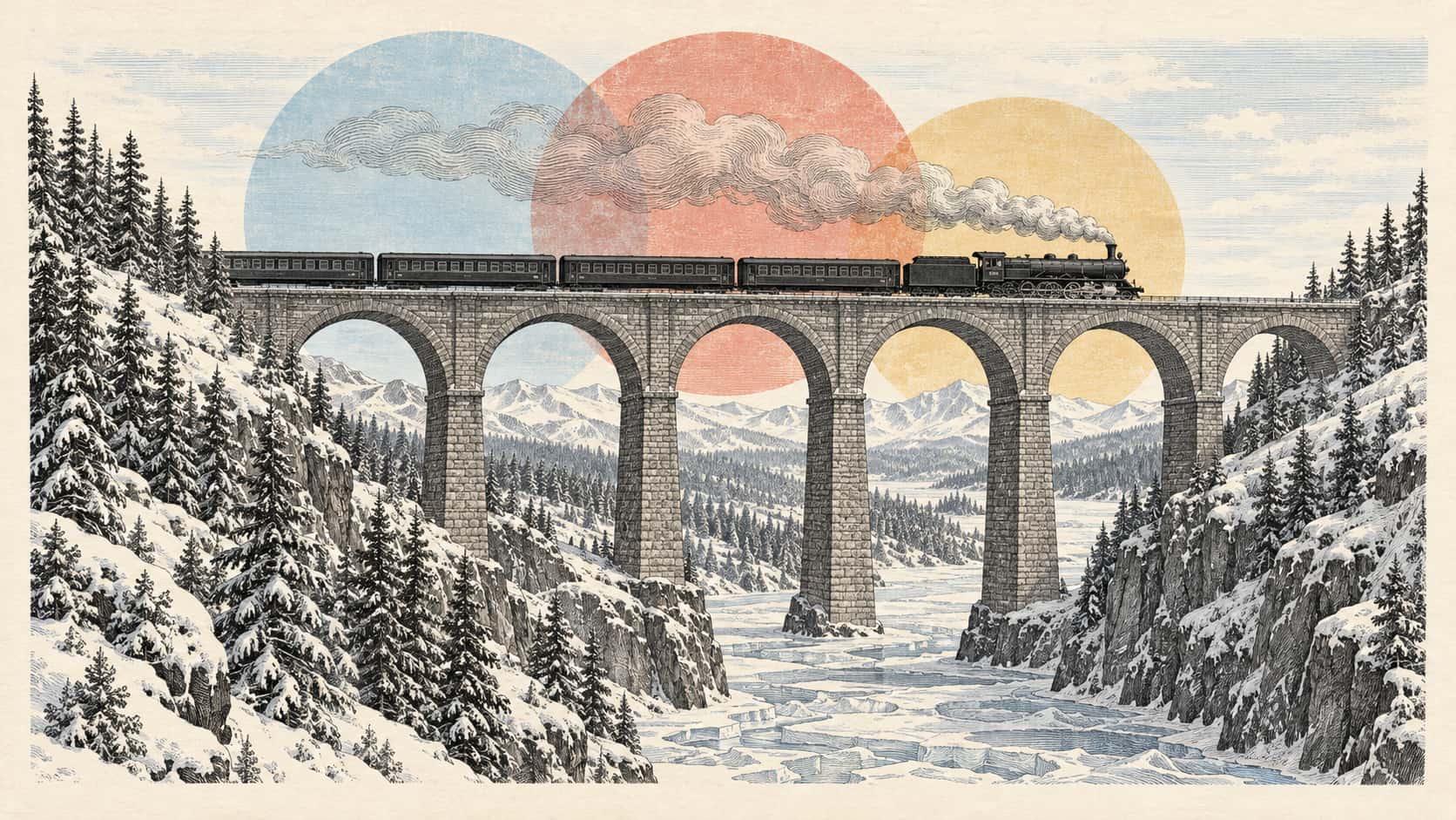 A steam train crosses a tall stone viaduct over a frozen river gorge in fine engraved lines with overlapping translucent blue, vermilion and gold discs.