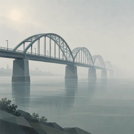 A long steel arch bridge crosses a wide river with the far end lost in fog, the near arch crisp and the far arches fading into pale flat planes in muted geometry.