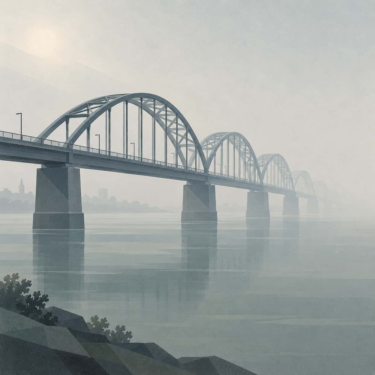 A long steel arch bridge crosses a wide river with the far end lost in fog, the near arch crisp and the far arches fading into pale flat planes in muted geometry.