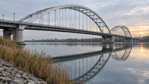 A long white steel arch bridge crosses a wide calm river with slender hangers and lamp posts and a mirrored reflection in soft overcast light.