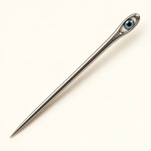 Eye of the needle: a diagonal steel sewing needle with a blue glass eye fitted inside its oval opening and its sharp point visible.
