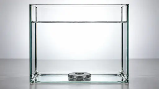 A steel washer rests flat on the floor of a tall clear glass tank of water on a pale bench in front of a bright diffused backdrop, with a few tiny bubbles on it.