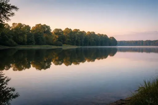 A serene 3:2 landscape photograph of a still lake mirroring sky and trees, framed for wallpaper or poster use with balanced negative space and calm mood.