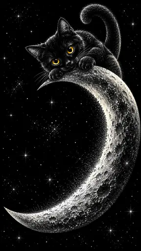 A cute black cat with bright yellow eyes peers curiously down from a perch on a glowing crescent moon in a starry night sky with its tail curling over the moon tip.