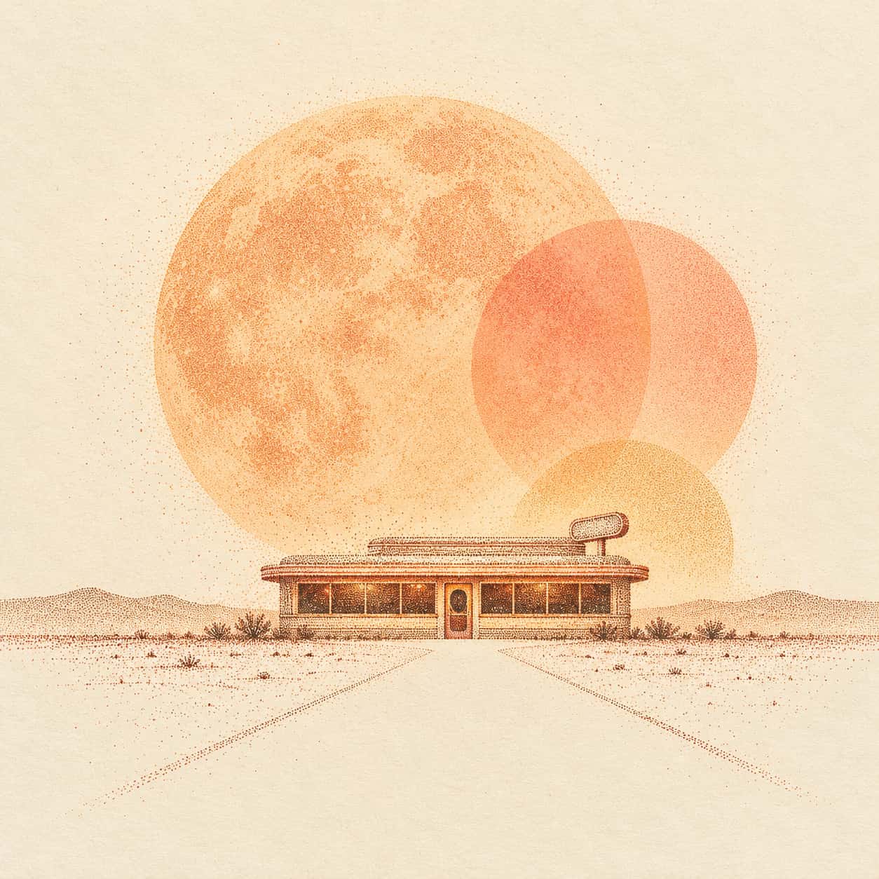 A small roadside diner with a rounded roof stands on a low horizon beneath an enormous apricot moon disc overlapped by a coral disc with a thin road leading to it in rust and sepia stipple on cream.