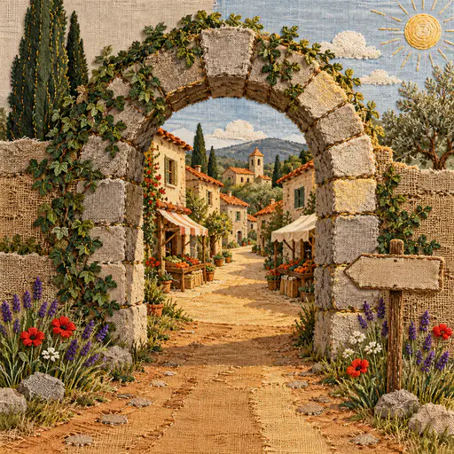 A rounded stone gateway arch with ivy frames a dirt road leading into a village of small tile-roofed houses with wildflowers in appliqued linen and burlap.