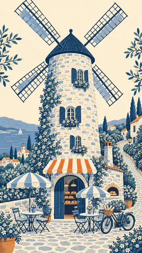A tall stone windmill converted into a village bakery cafe, with its sails on, a wide arched door, an oven chimney, tables with striped umbrellas and a bicycle with a bread basket.