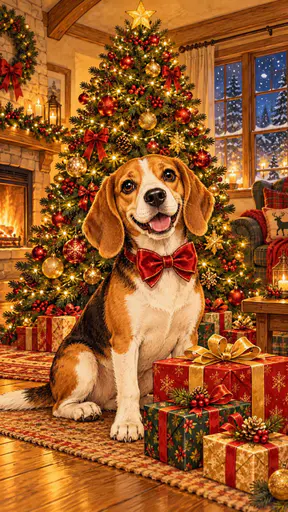 A beagle in a red bow tie sits beside a tall glowing Christmas tree with wrapped gifts at its paws in a cozy golden amber storybook cartoon.