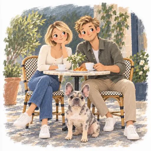 A textured storybook painting shows a couple at a cafe table with flowers, cups and a croissant, a French bulldog in front and leafy plants behind.