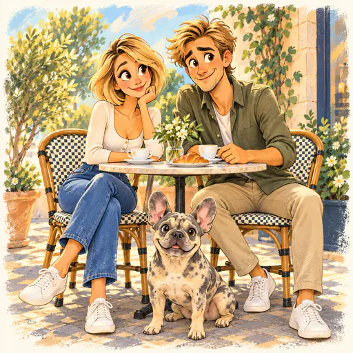 Storybook cartoon of an expressive couple at a cafe table with coffee and a croissant and a smiling merle French bulldog, framed by a cream paper border