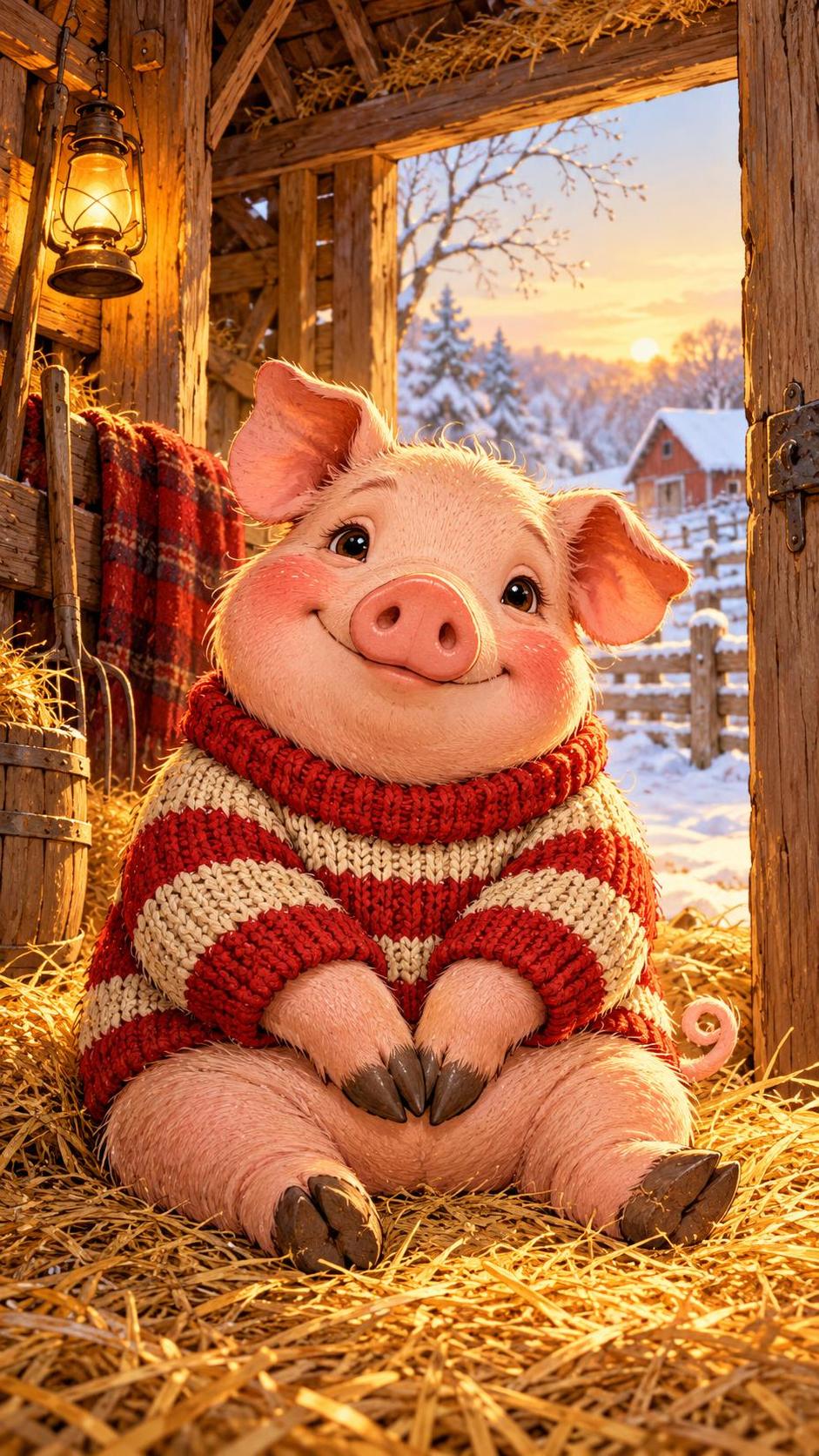 A plump pink pig wearing a chunky knitted sweater in red and cream stripes sits in a cosy barn doorway with soft winter light.
