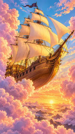 A wooden pirate ship with billowing sails floats through towering pink and lavender clouds at sunset with golden light on its hull and rigging.