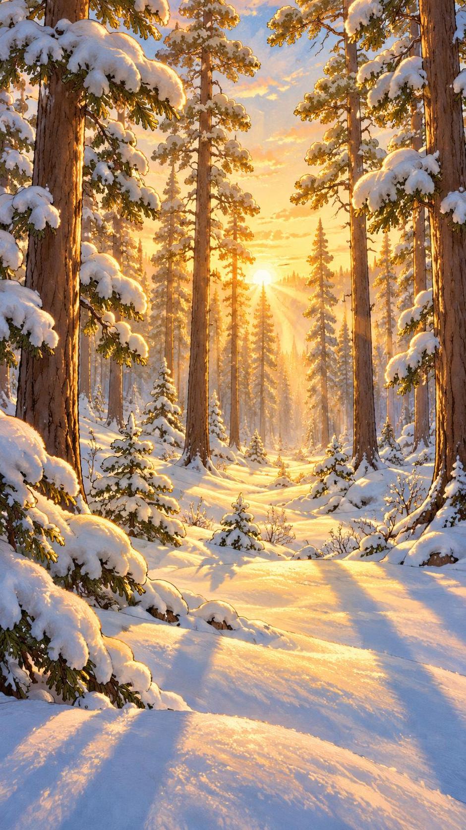 A winter sunrise in a snowy forest has snow covered pine trees with golden light streaming through the trunks, long blue shadows on untouched snow and a soft mist.