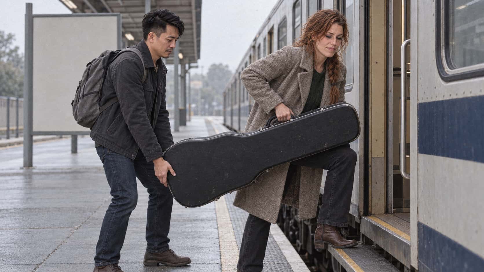 A freckled woman with a loose auburn braid in an oatmeal wool coat struggles to lift a heavy black guitar case up the step of a train carriage door while a wiry man in a charcoal jacket with a grey rucksack steadies the far end and lifts it with both hands on a platform in cool morning light.