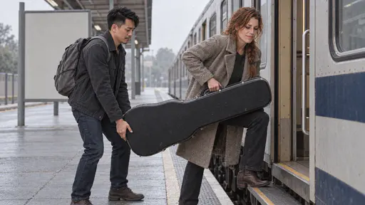 A freckled woman with a loose auburn braid in an oatmeal wool coat struggles to lift a heavy black guitar case up the step of a train carriage door while a wiry man in a charcoal jacket with a grey rucksack steadies the far end and lifts it with both hands on a platform in cool morning light.
