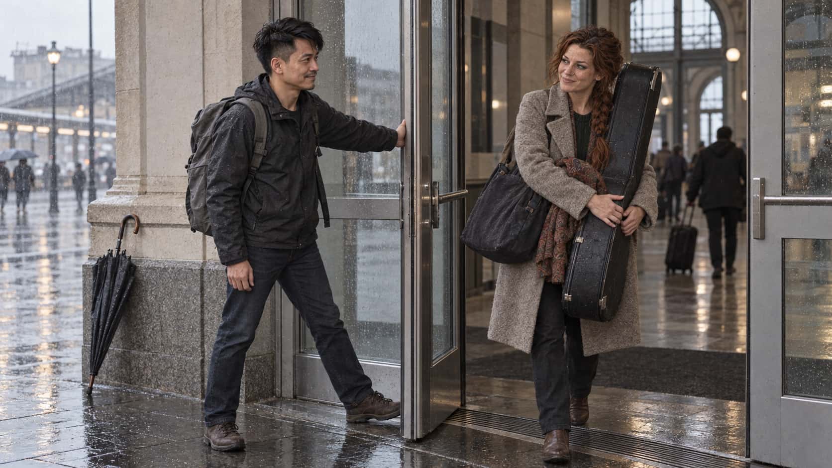 A wiry man in a charcoal jacket holds a heavy glass station door open wide with one arm and one foot for a freckled woman with a loose auburn braid carrying a black guitar case through with a grateful nod while rain falls on the pavement behind them.