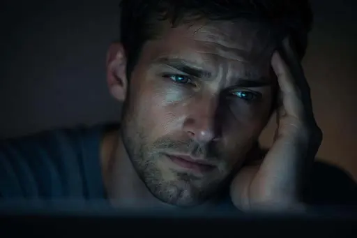 Close-up portrait of a stressed face with a laptop screen reflected across features, shot as a moody editorial portrait for poster or social use with cinematic lighting and tight crop.