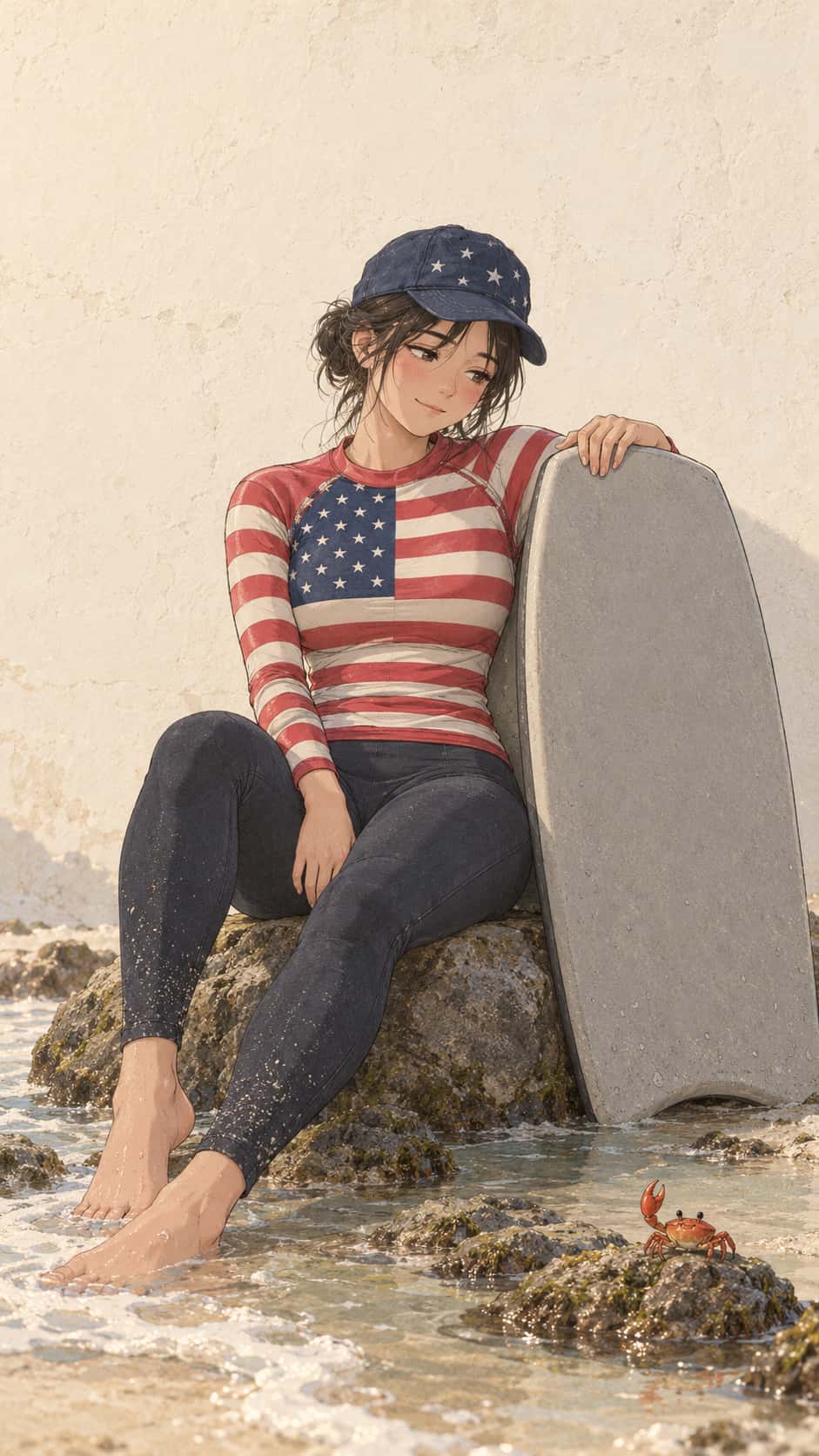 Adult in a long sleeve flag stripe rash guard and star cap with a bodyboard at the shore, thirteen stripes and a neat canton in sun.