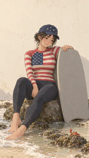 Adult in a long sleeve flag stripe rash guard and star cap with a bodyboard at the shore, thirteen stripes and a neat canton in sun.