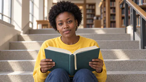 A young woman with a short natural afro and a gold nose stud in a yellow sweatshirt sits on a library staircase reading a thick teal cloth-bound book held open on her knees in a soft pool of window light.