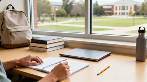 Hands adjust a notebook in a minimalist back-to-campus study nook on a pale-wood desk with a neutral backpack, textbooks, closed laptop, graphite pencil and bottle, lit by soft window light with a warm-beige lift and soft-gray, muted-sage /