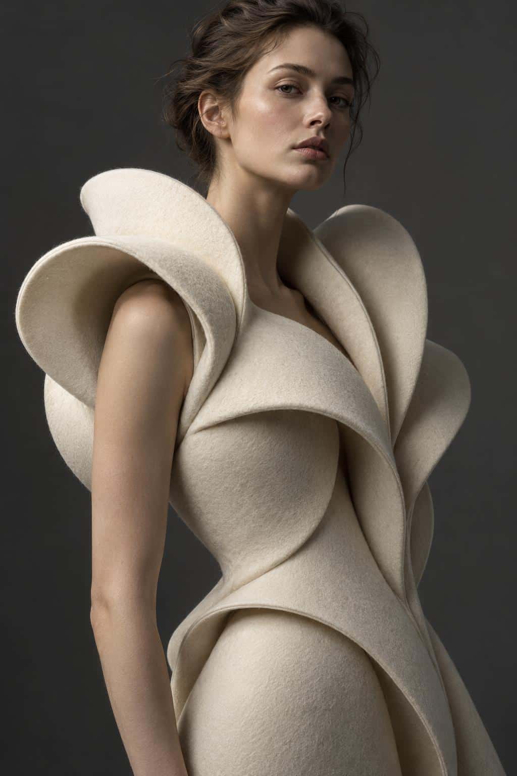 Sculptural fashion photography, prompt only example
