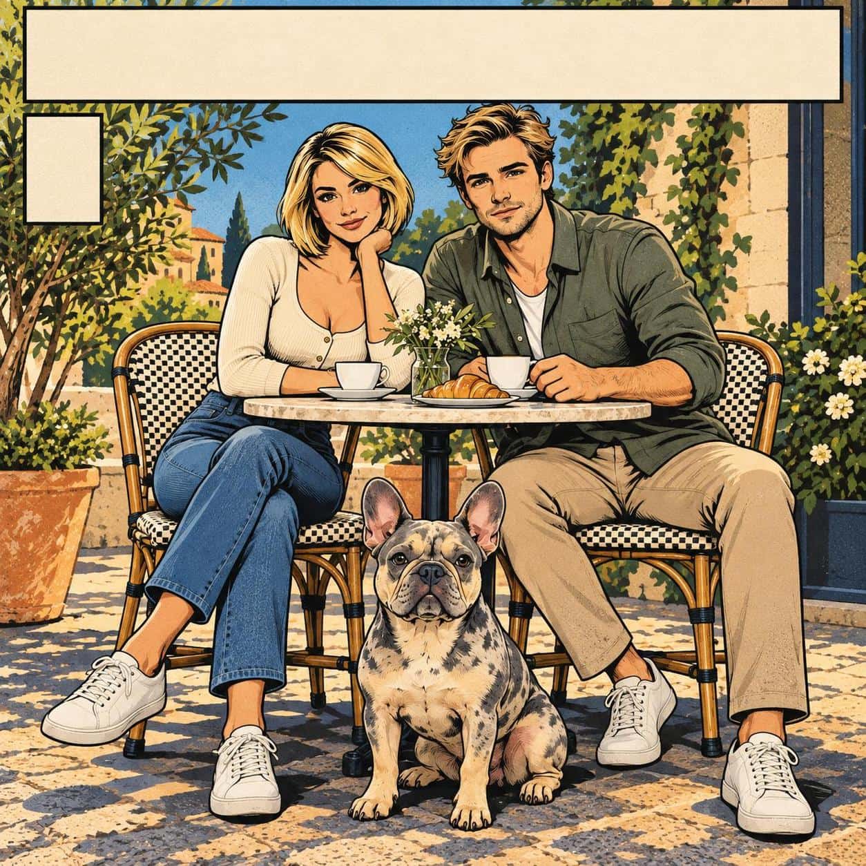 Bold-ink comic cover composition, your photo + style text example