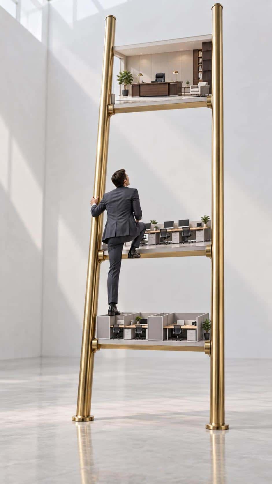 Climbing the corporate ladder: low-angle architectural photograph of a tall brass ladder whose rungs are tiny furnished office floors; a suited person steps from a cubicle rung toward the larger executive rung above.