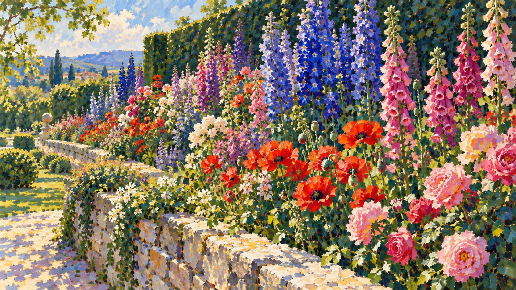 A deep summer flower garden border of delphiniums, foxgloves, roses and poppies in blue, magenta and red patches against a clipped dark green hedge.