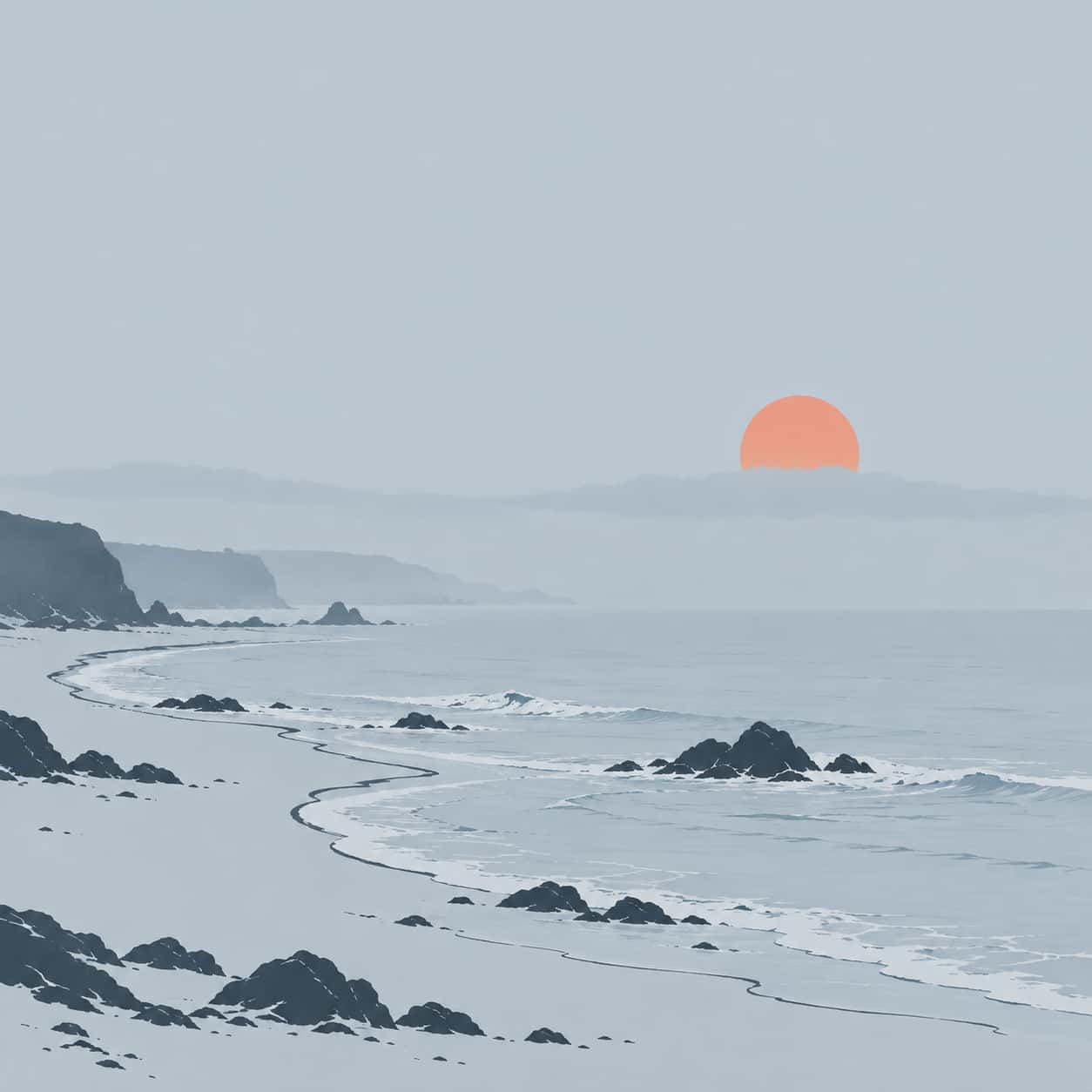 A rocky coastal shore has low waves breaking and a fog bank over the water that swallows a far headland under a flat orange pink sun disc in sparse ink contours.