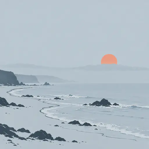 A rocky coastal shore has low waves breaking and a fog bank over the water that swallows a far headland under a flat orange pink sun disc in sparse ink contours.