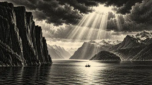 Sunbeams fan down through storm clouds onto a dark fjord in fine white-line wood engraving, with a tall cliff at left and a tiny boat on the lit water.