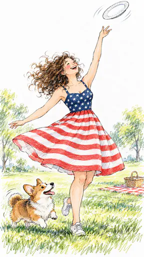 A grown woman in her thirties twirls in a knee length flag dress, a striped skirt and a starry bodice, reaching for a spinning paper plate while a corgi leaps on summer grass.