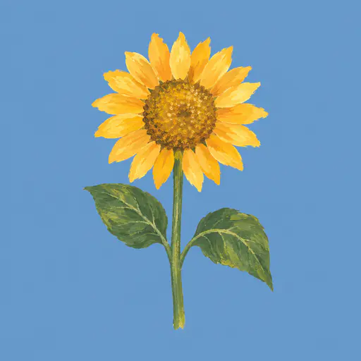 A green sunflower stem supports a small golden sun disk with short rays arranged like petals, above two leaves against a muted blue field.