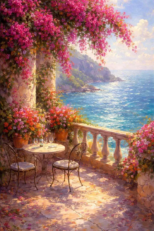 Vertical 2:3 impressionist oil of a sun-drenched stone balcony overlooking a sparkling Mediterranean sea, with magenta bougainvillea spilling over the railing and loose brushstrokes capturing warm, hazy summer light.