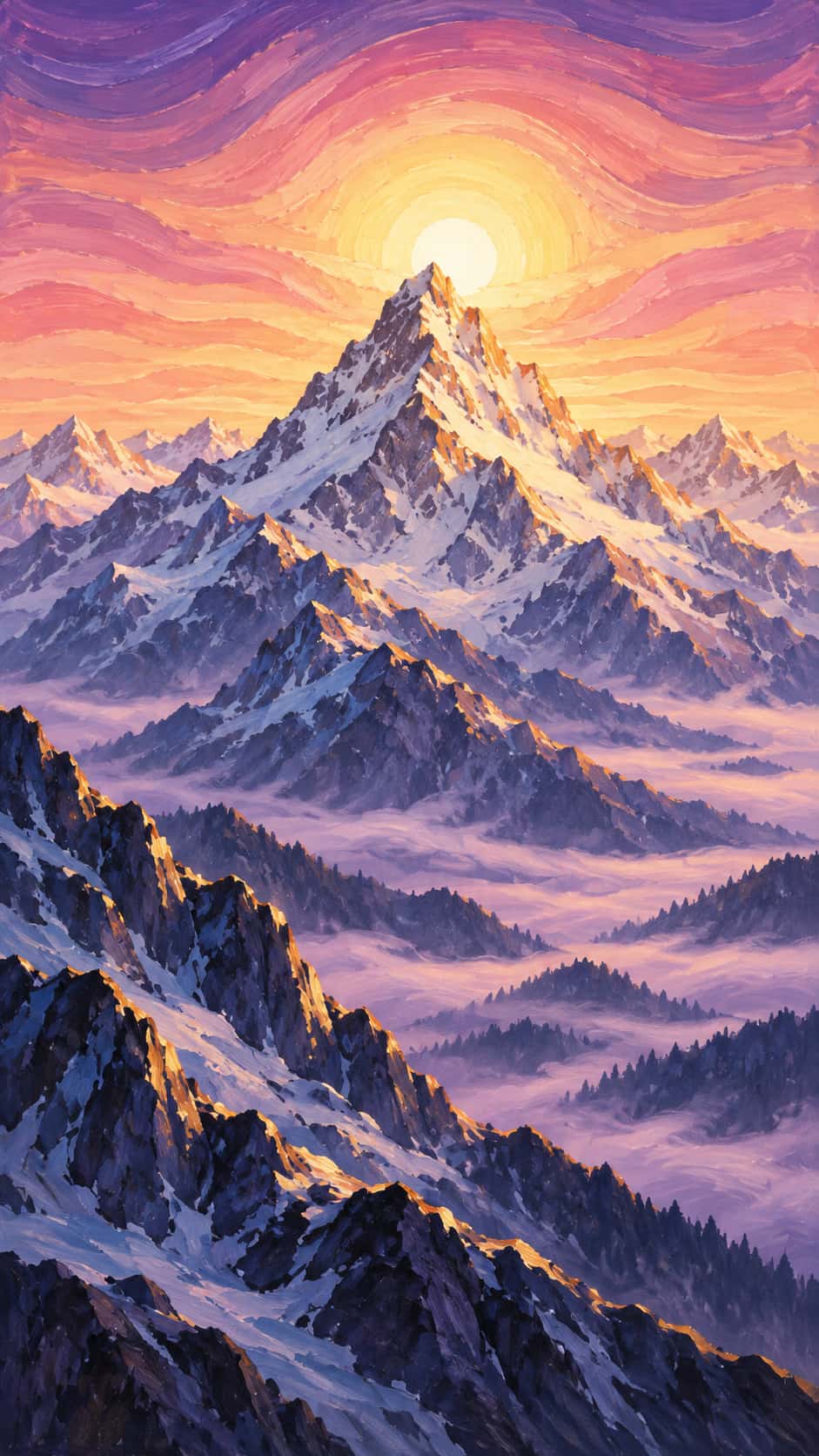 The sun rises behind a jagged snow peak with ridges and valley mist rendered as long undulating bands of violet, rose, peach and gold.