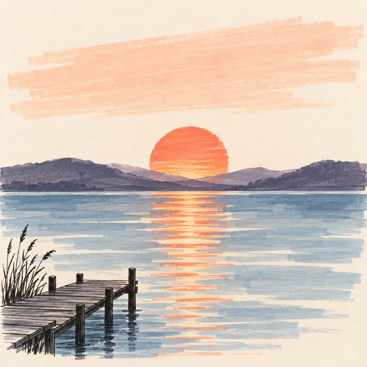 A large sun sits half above low violet hills with its reflection as broken marker strokes on a still lake beside a small jetty and reeds.