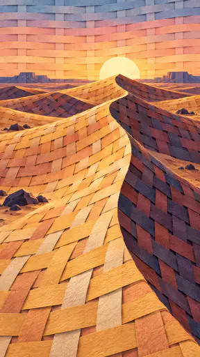 The sun rises behind tall rippled desert dunes with a sharp crest line, apricot and gold lit faces and plum shaded faces in woven paper strips.