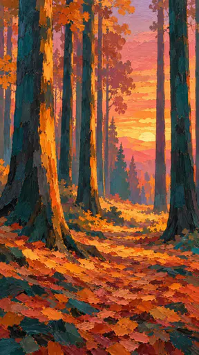 A quiet forest at sunset with tall trunks glowing orange where the low sun cuts through, a carpet of leaves and a distant clearing in warm haze.