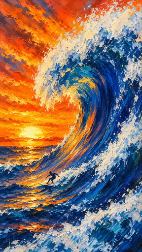 A lone surfer on a board catches a massive blue wave as the sun sets on the horizon with spray flying against a golden orange sky.