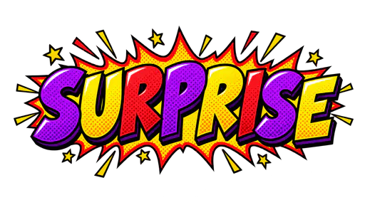 The word SURPRISE in huge bold comic-book capital letters in purple, yellow and red with thick black outlines, halftone shading and a jagged burst outline, on a transparent background.