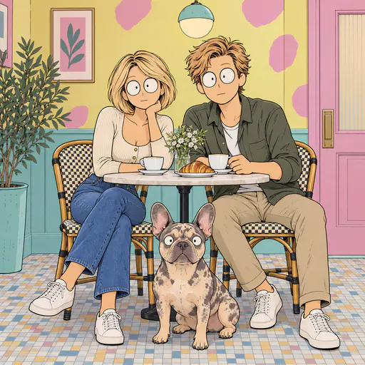 A flat-color cartoon shows a wide-eyed couple and French bulldog at a cafe table inside a pastel room with a pink door and tiled floor.